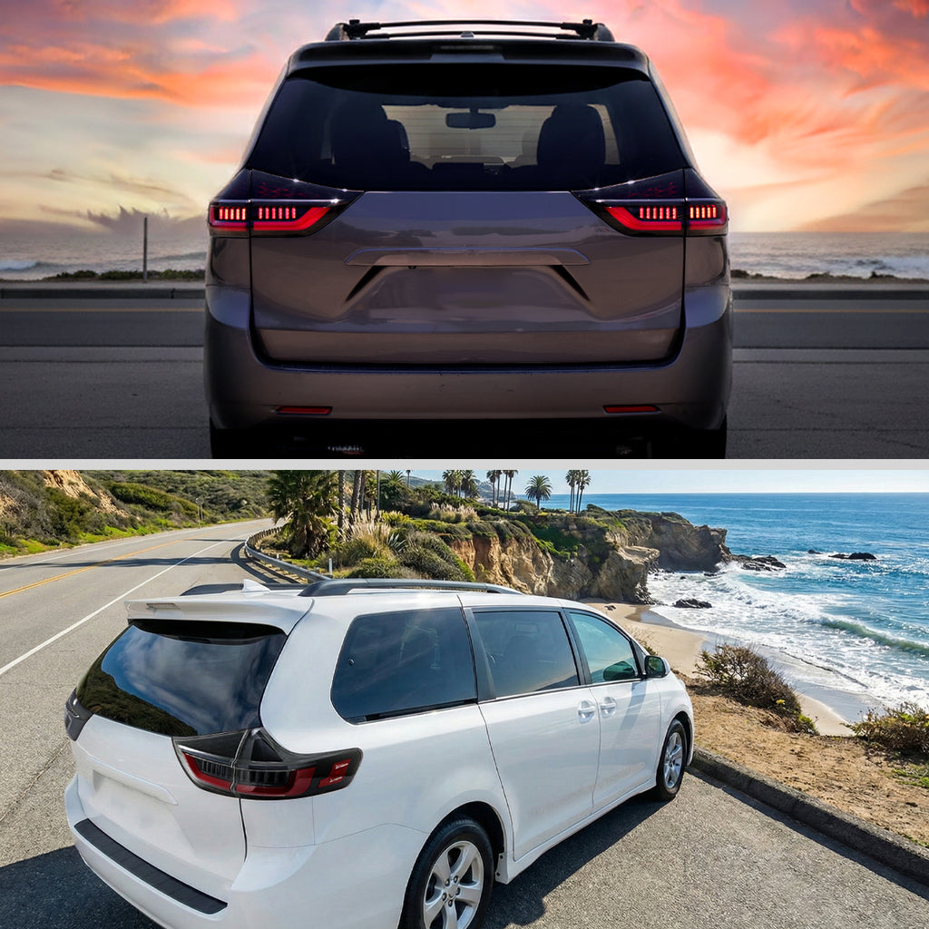 2011-2014 Toyota Sienna Full LED Tail Lights w/ Sequential Turn Signal and Startup Animation Red Lens Fiber Optic LED (Jet Black Housing / Clear Lens)