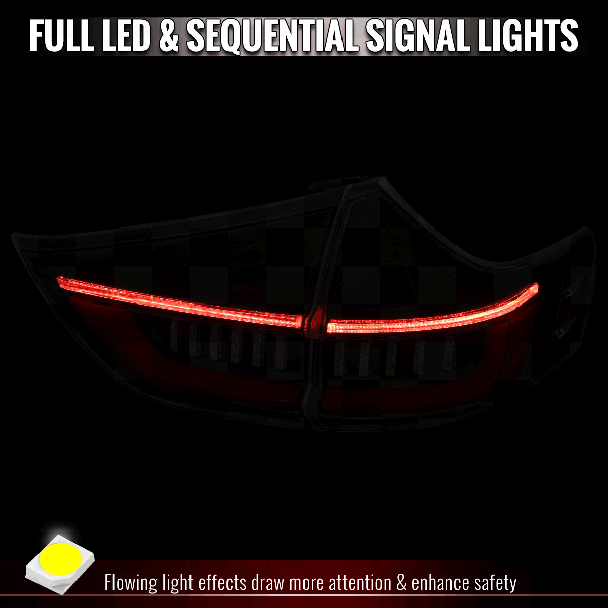 2011-2014 Toyota Sienna Full LED Tail Lights w/ Sequential Turn Signal and Startup Animation Red Lens Fiber Optic LED (Black Housing / Smoked Lens)