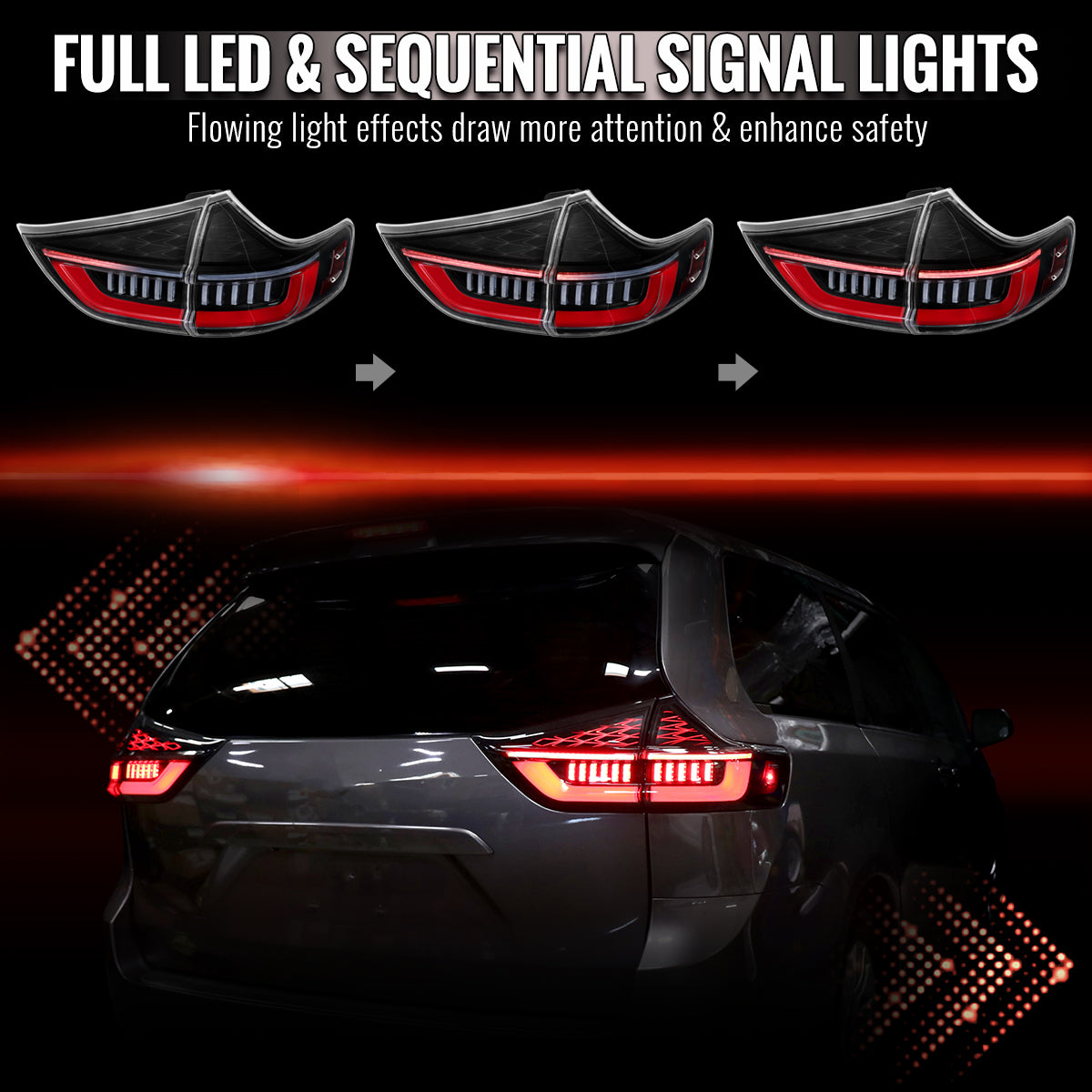 2015-2020 Toyota Sienna Full LED Tail Lights w/ Sequential Turn Signal and Startup Animation Red Lens Fiber Optic LED (Jet Black Housing / Clear Lens)