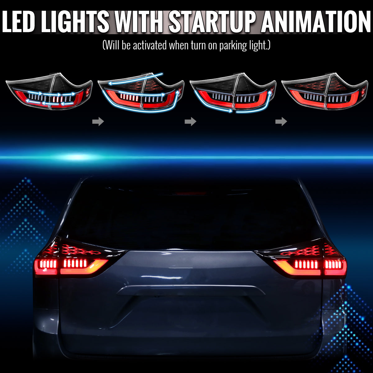 2015-2020 Toyota Sienna Full LED Tail Lights w/ Sequential Turn Signal and Startup Animation Red Lens Fiber Optic LED (Jet Black Housing / Clear Lens)