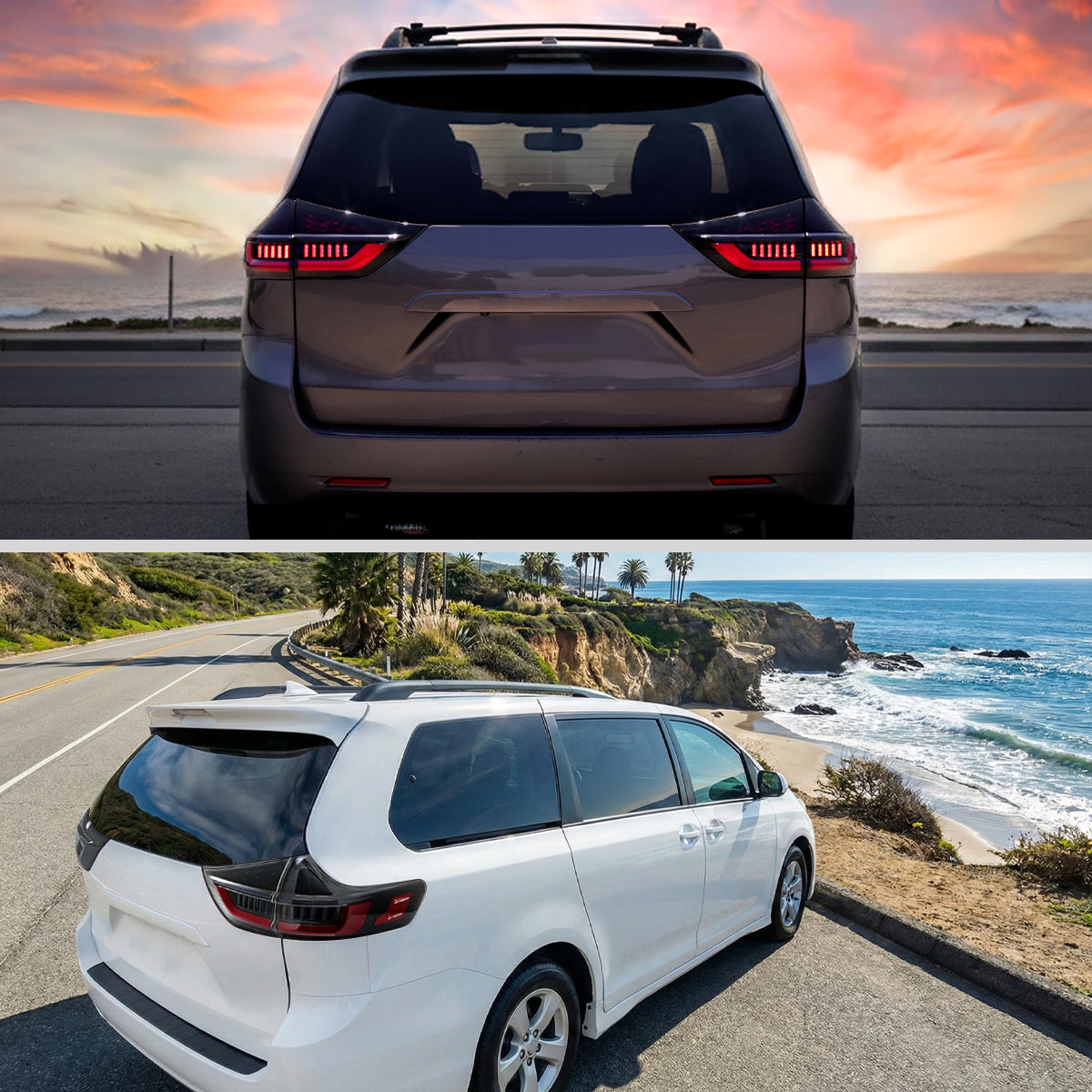 2015-2020 Toyota Sienna Full LED Tail Lights w/ Sequential Turn Signal and Startup Animation Red Lens Fiber Optic LED (Jet Black Housing / Clear Lens)