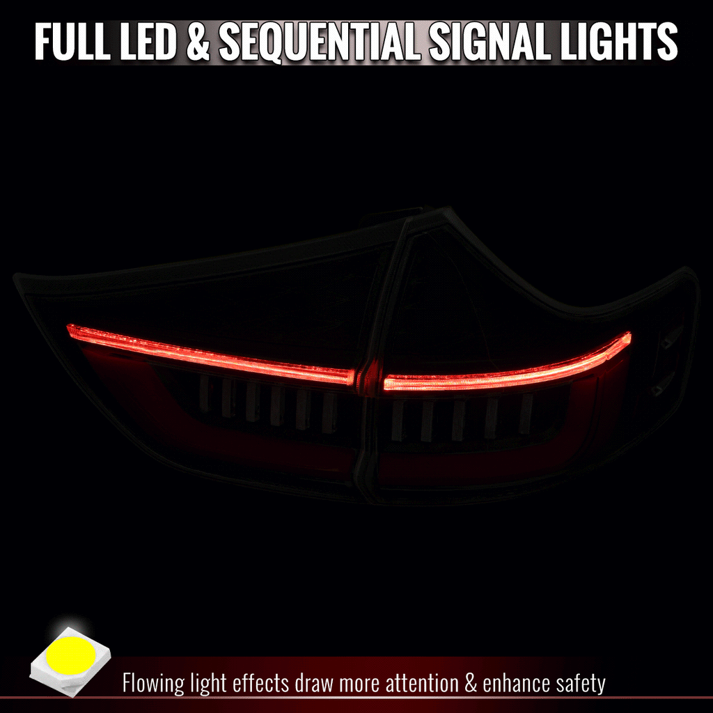 2015-2020 Toyota Sienna Full LED Tail Lights w/ Sequential Turn Signal and Startup Animation Red Lens Fiber Optic LED (Black Housing / Smoked Lens)