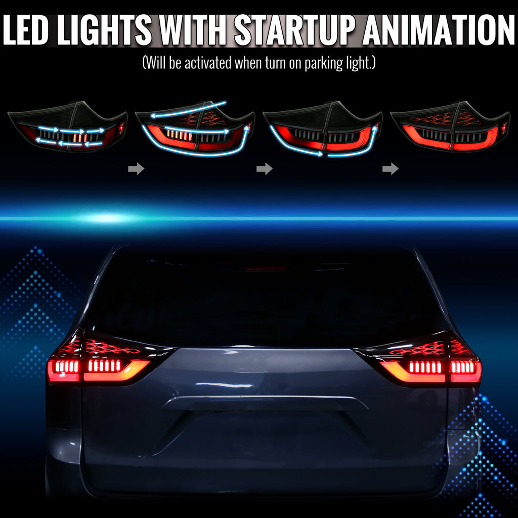 2015-2020 Toyota Sienna Full LED Tail Lights w/ Sequential Turn Signal and Startup Animation Red Lens Fiber Optic LED (Black Housing / Smoked Lens)