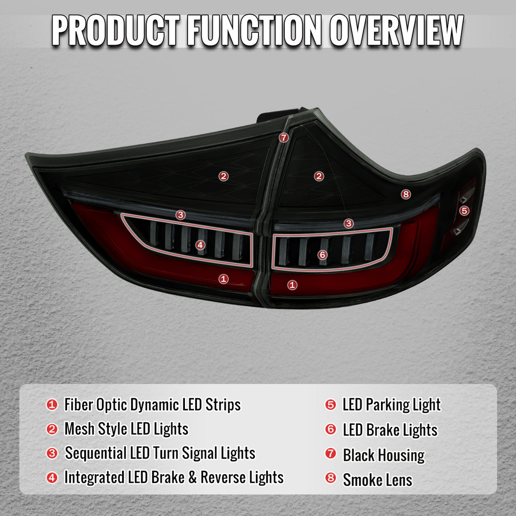 2015-2020 Toyota Sienna Full LED Tail Lights w/ Sequential Turn Signal and Startup Animation Red Lens Fiber Optic LED (Black Housing / Smoked Lens)