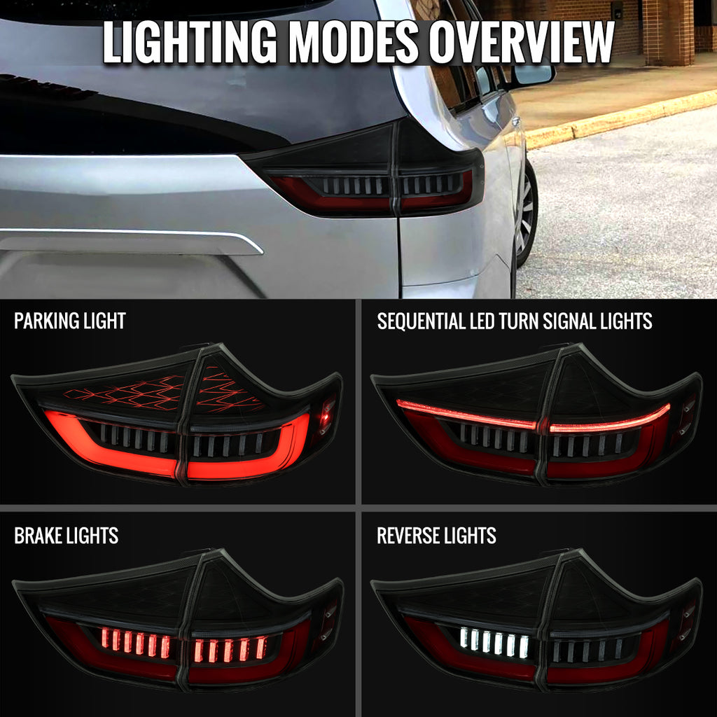 2015-2020 Toyota Sienna Full LED Tail Lights w/ Sequential Turn Signal and Startup Animation Red Lens Fiber Optic LED (Black Housing / Smoked Lens)