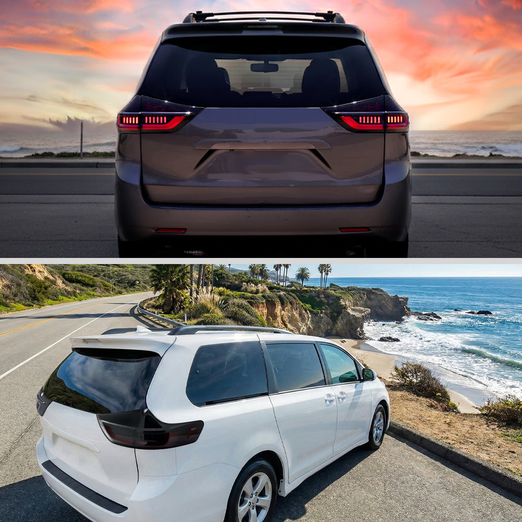 2015-2020 Toyota Sienna Full LED Tail Lights w/ Sequential Turn Signal and Startup Animation Red Lens Fiber Optic LED (Black Housing / Smoked Lens)