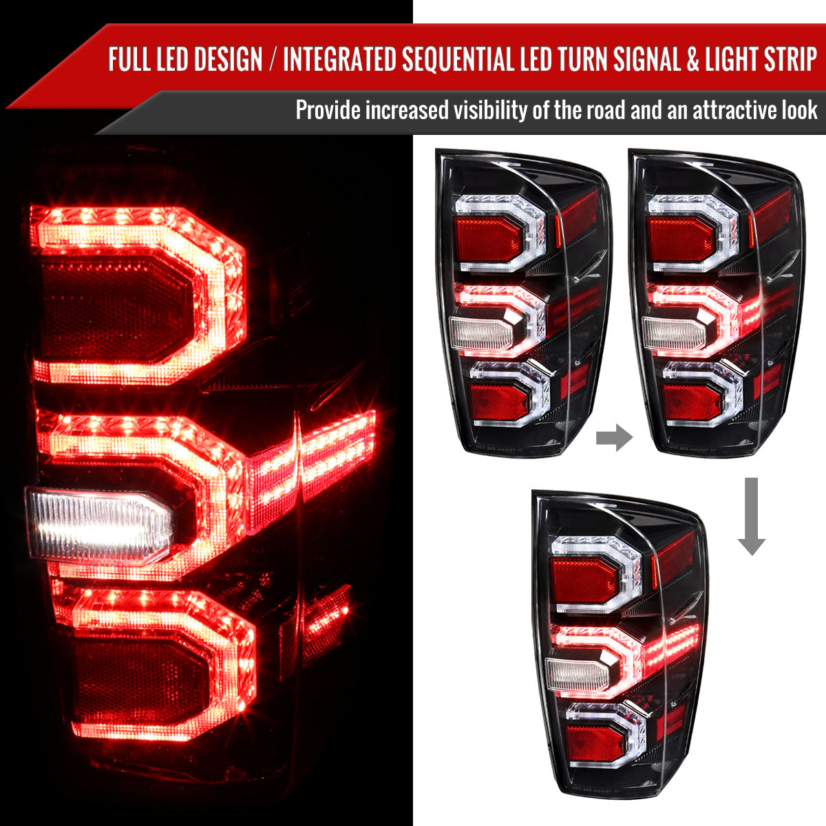 2016-2022 Toyota Tacoma Sequential Signal LED Tail Lights (Jet Black Housing/Clear Lens)