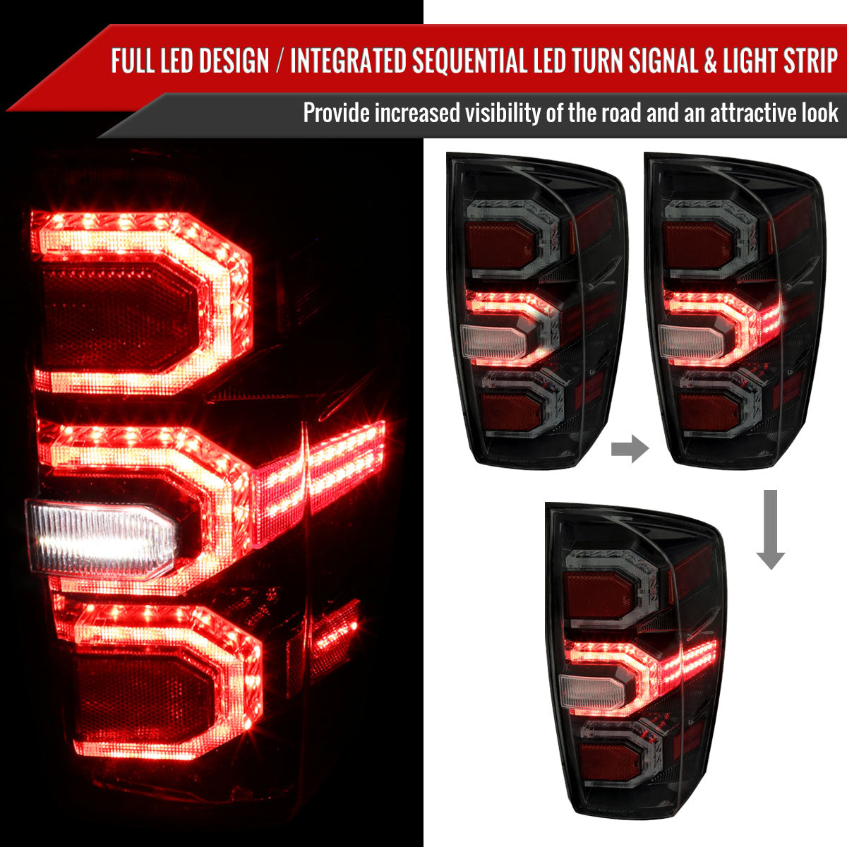 2016-2022 Toyota Tacoma Sequential Signal LED Tail Lights (Glossy Black Housing/Smoke Lens)