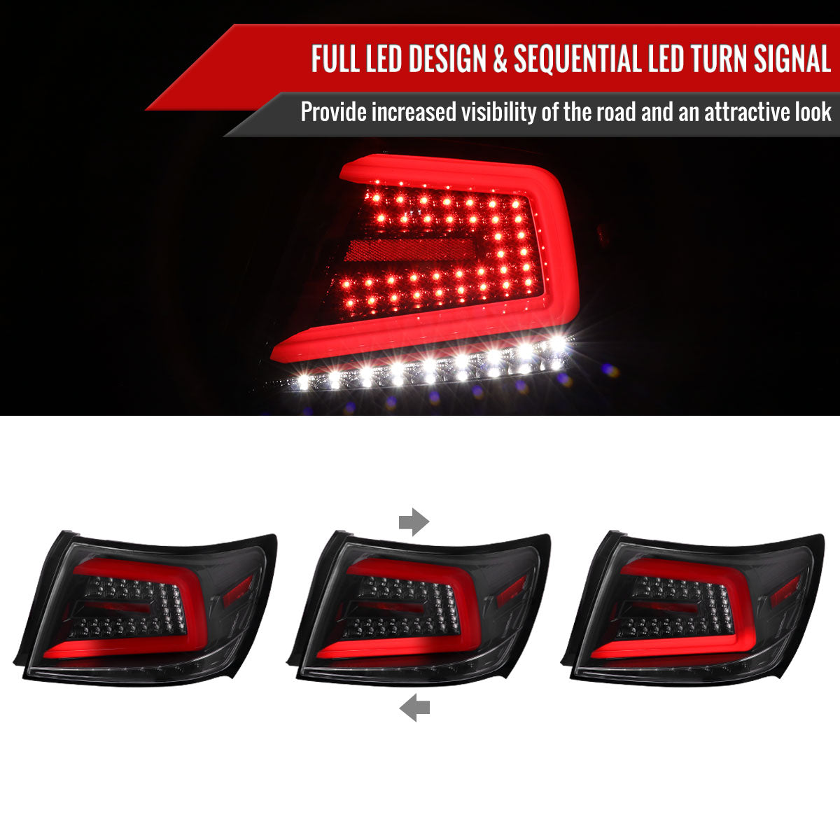 2008-2014 Subaru Impreza WRX/STI LED Sequential Turn Signal Tail Lights(Jet Black Housing/Clear Lens)