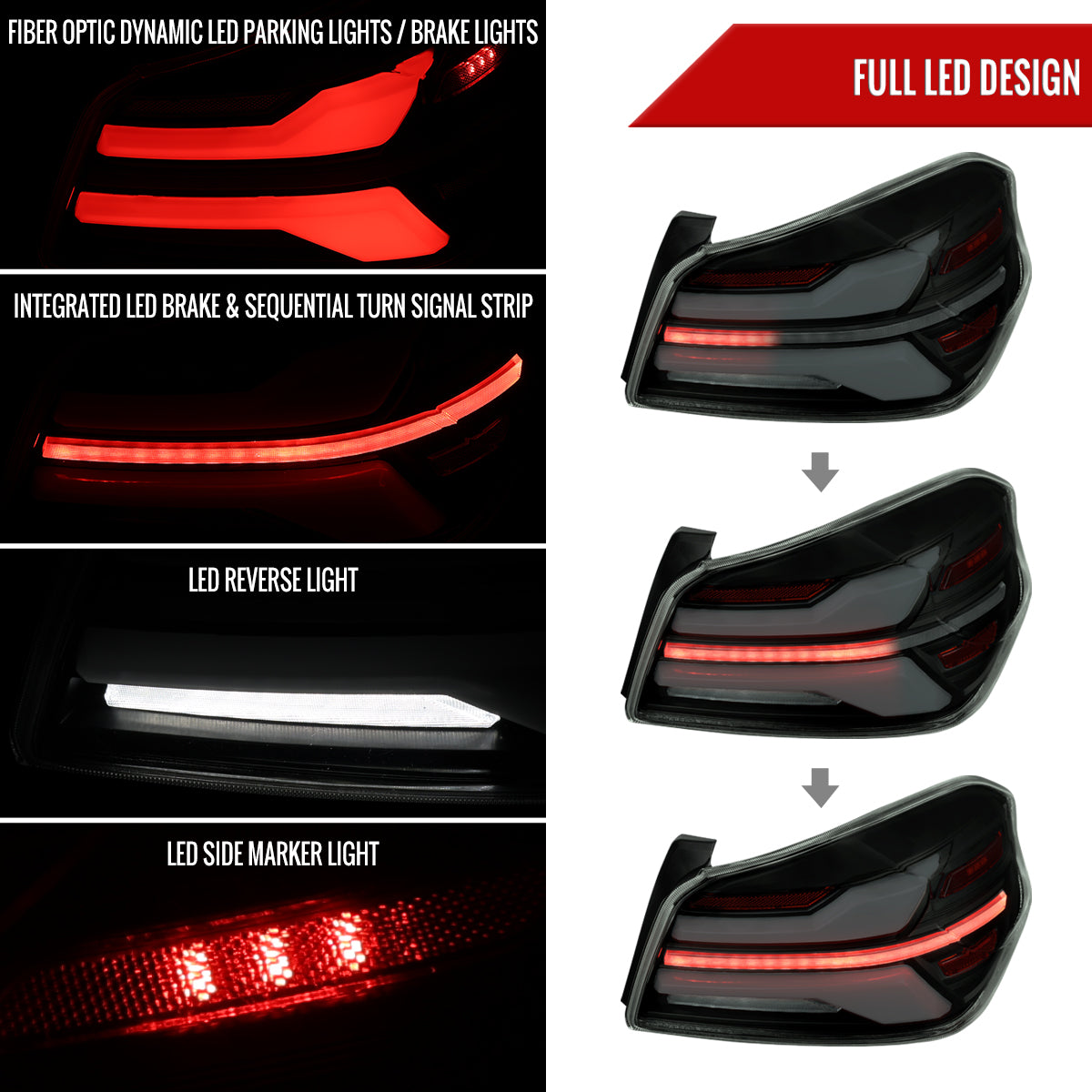 2015-2021 Subaru WRX STi Tail Light w/ Sequential Turn Signal LED Strip and LED Side Marker Brake Reverse (Black Housing / Smoked Lens)