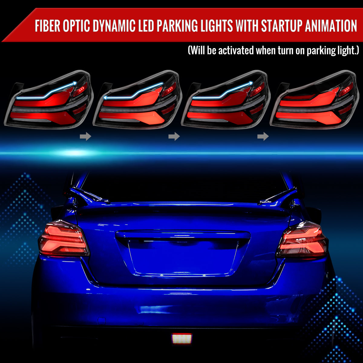 2015-2021 Subaru WRX STi Tail Light w/ Sequential Turn Signal LED Strip and LED Side Marker Brake Reverse (Black Housing / Clear Lens)