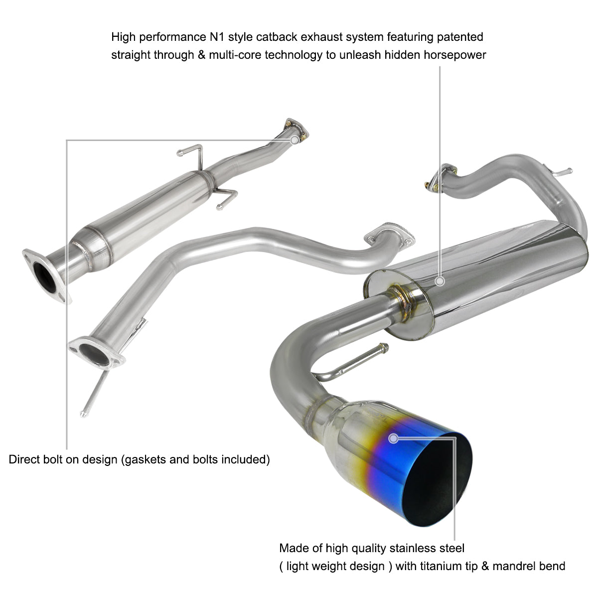 1988-1991 Honda CRX Hatchback T-304 Stainless Steel N1 Style Catback Exhaust System w/ Burnt Tip