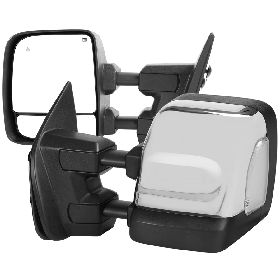 2016-2022 Nissan Titan Power Adjustable, BSM, & Manually Extendable Chrome Towing Mirrors with Clear Lens LED Turn Signal & Puddle Lights