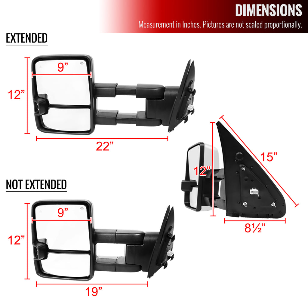 2007-2017 Toyota Tundra/ 2008-2017 Sequoia Chrome Power Heated BSM Manual Extendable Towing Mirrors w/ Smoke Lens LED Turn Signal & Clearance Lights