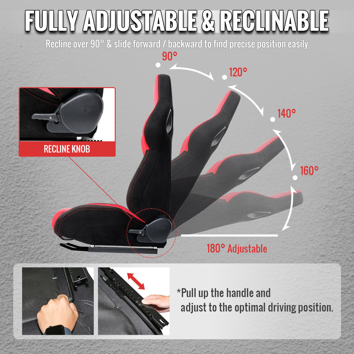Universal Fully Adjustable Reclining Bucket Racing Seat - Two-Tone Black & Red Suede Upholstery (Driver Side Configuration with Sliders)
