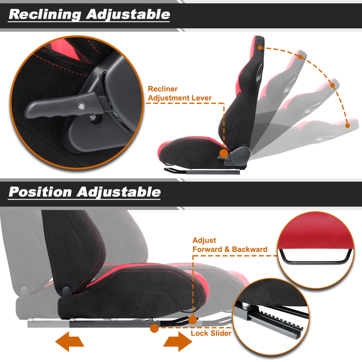 Universal Fully Adjustable Reclining Bucket Racing Seat - Two-Tone Black & Red Suede Upholstery (Driver Side Configuration with Sliders)