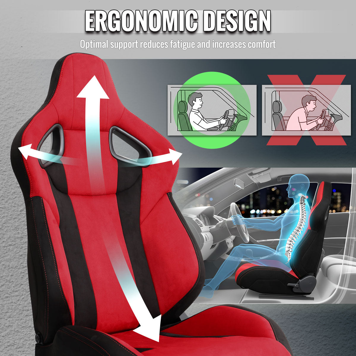 Universal Fully Adjustable Reclining Bucket Racing Seat - Two-Tone Black & Red Suede Upholstery (Driver Side Configuration with Sliders)