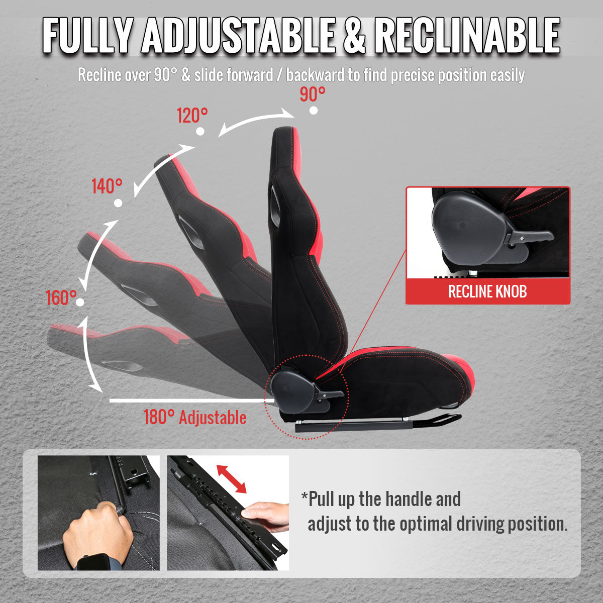 Universal Fully Adjustable Reclining Bucket Racing Seat - Two-Tone Black & Red Suede Upholstery (Passenger Side Configuration with Sliders)