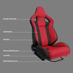 Universal Fully Adjustable Reclining Bucket Racing Seat - Two-Tone Black & Red Suede Upholstery (Passenger Side Configuration with Sliders)