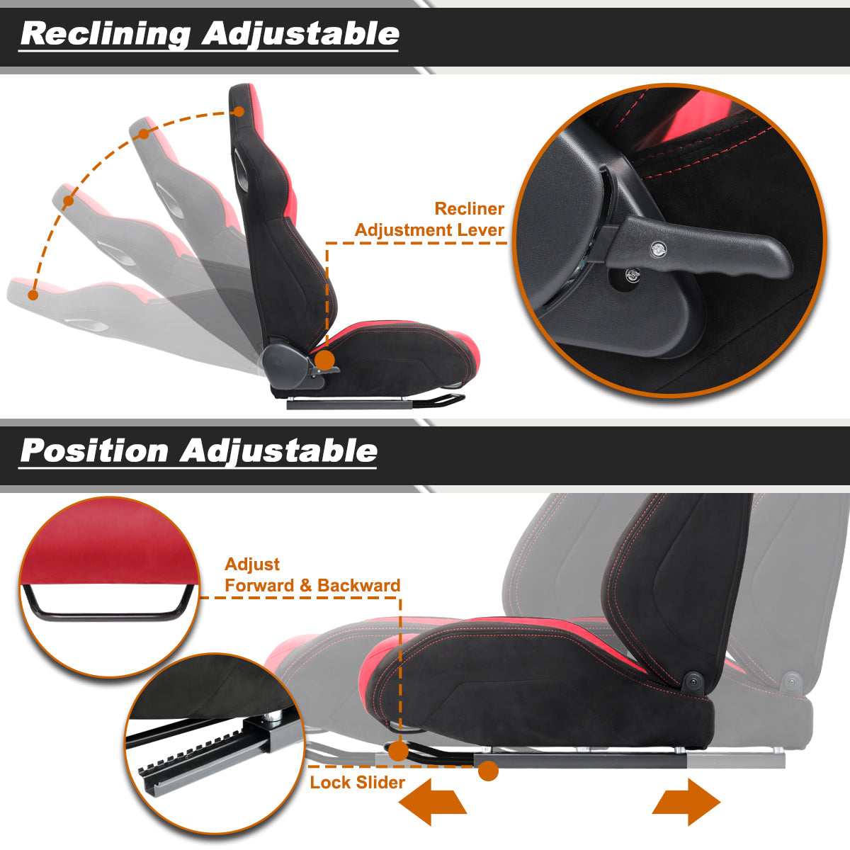 Universal Fully Adjustable Reclining Bucket Racing Seat - Two-Tone Black & Red Suede Upholstery (Passenger Side Configuration with Sliders)