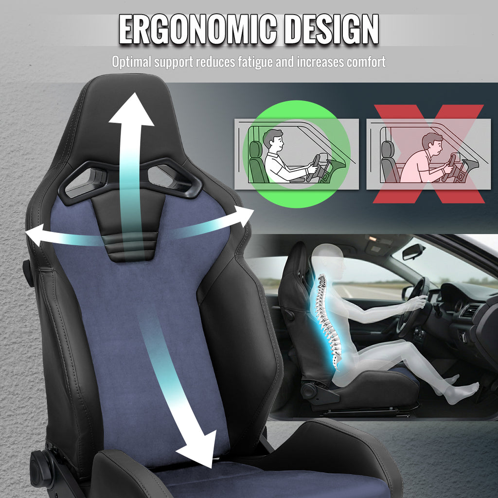 Universal Fully Adjustable Reclining Bucket Racing Seat - Custom Black PU Leather with Contrast Gray Suede Center (Includes Seat Sliders)