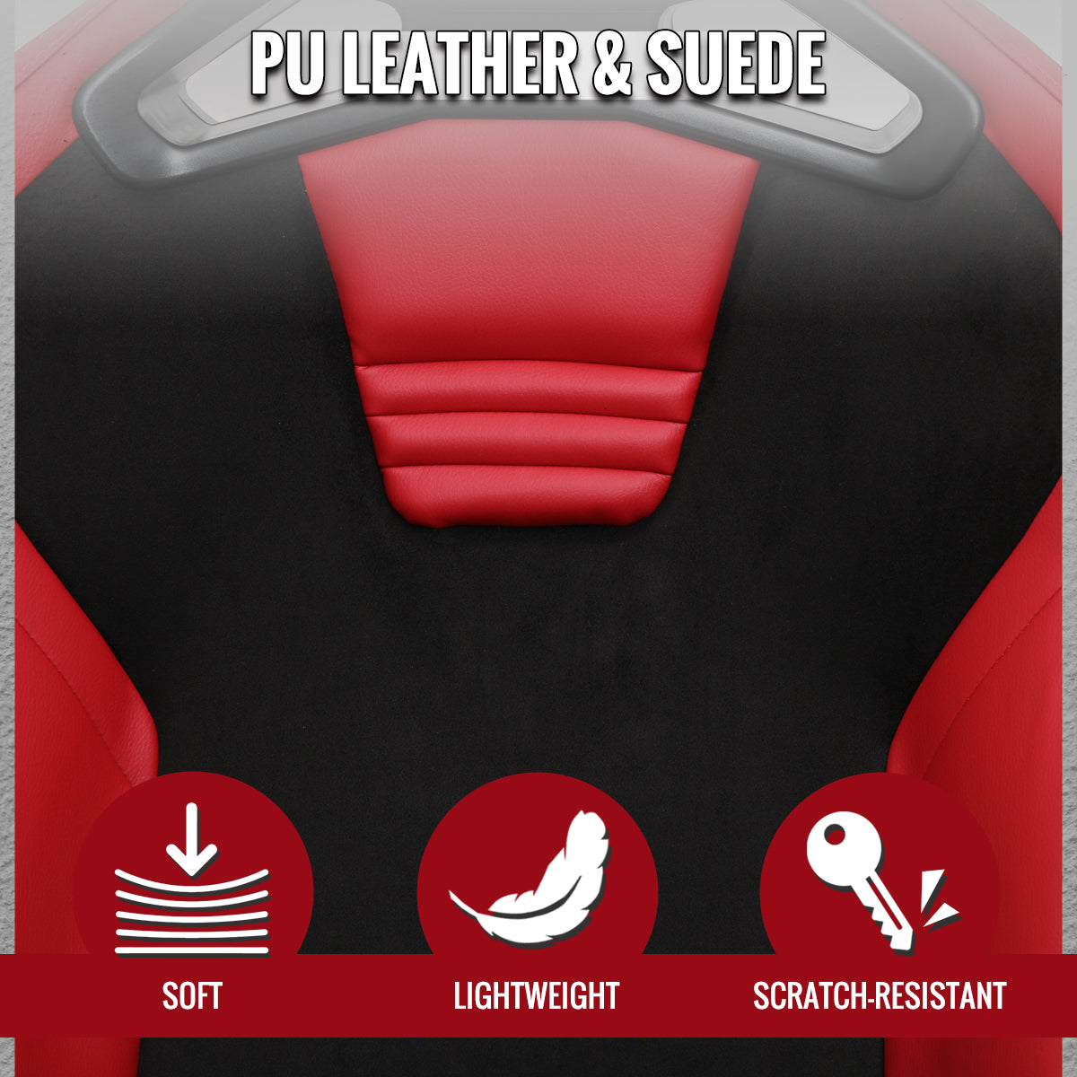 Universal Fully Adjustable Reclining Bucket Racing Seat - Custom Red PU Leather with Contrast Black Suede Center (Includes Seat Sliders)