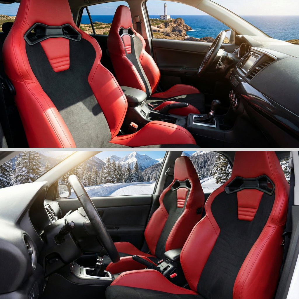 Universal Fully Adjustable Reclining Bucket Racing Seat - Custom Red PU Leather with Contrast Black Suede Center (Includes Seat Sliders)