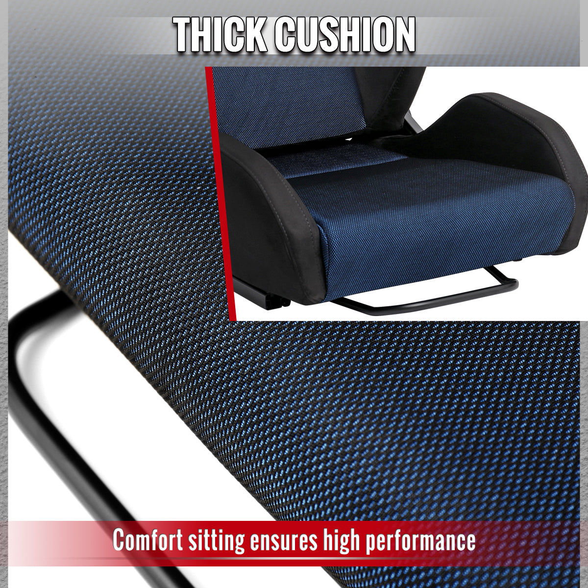 Universal Fully Adjustable Reclining Bucket Racing Seat - Sport Black Suede with Breathable Blue Mesh Insert (Includes Seat Sliders)