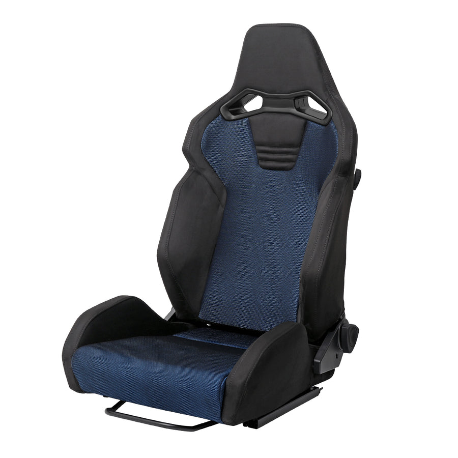 Universal Fully Adjustable Reclining Bucket Racing Seat - Sport Black Suede with Breathable Blue Mesh Insert (Includes Seat Sliders)