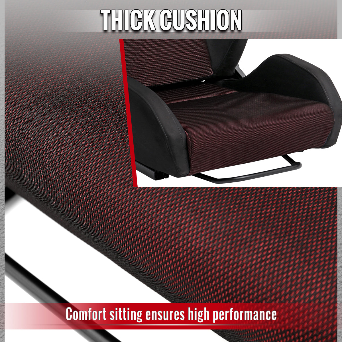 Universal Fully Adjustable Reclining Bucket Racing Seat - Sport Black Suede with Breathable Red Mesh Insert (Includes Seat Sliders)