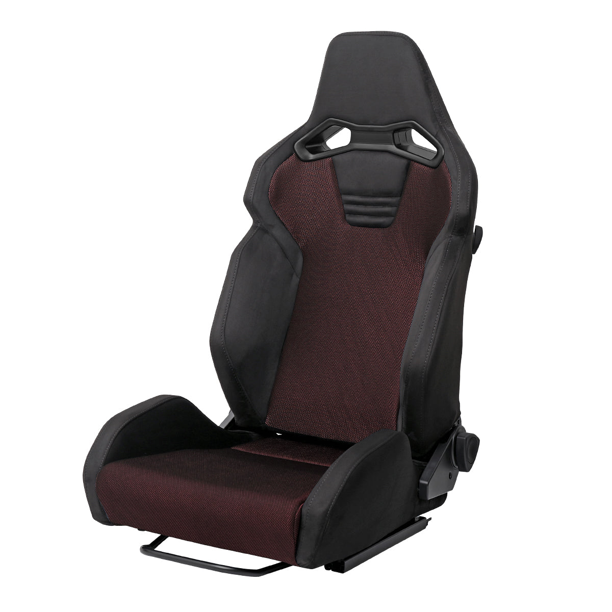 Universal Fully Adjustable Reclining Bucket Racing Seat - Sport Black Suede with Breathable Red Mesh Insert (Includes Seat Sliders)