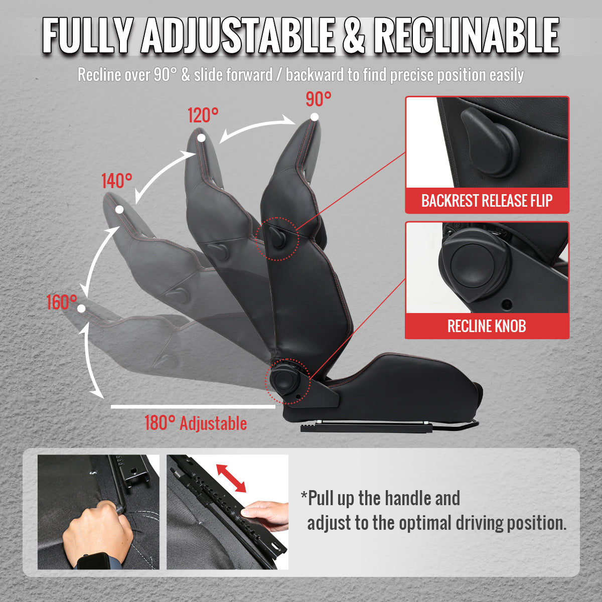 Universal Fully Adjustable Reclining Bucket Racing Seat - Hybrid Black PU Leather and Suede Upholstery (Includes Seat Sliders)
