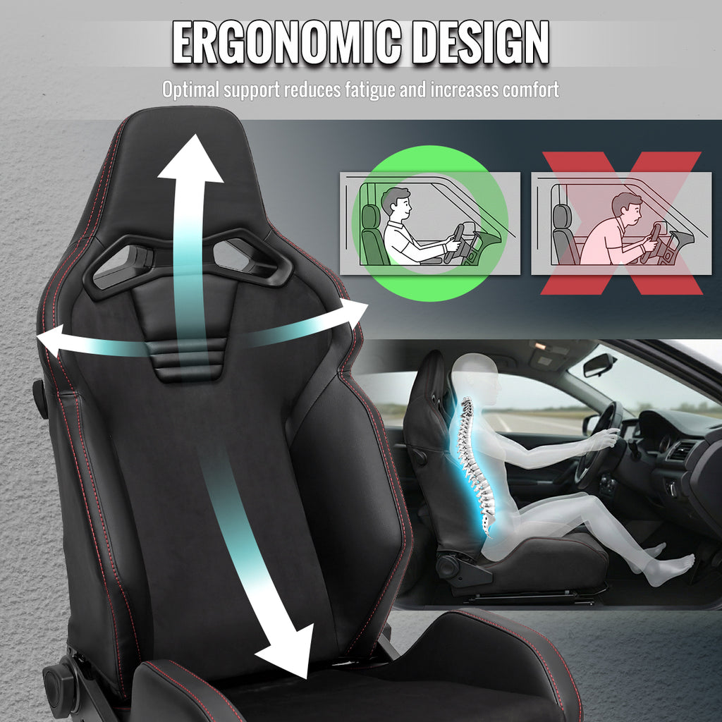 Universal Fully Adjustable Reclining Bucket Racing Seat - Hybrid Black PU Leather and Suede Upholstery (Includes Seat Sliders)