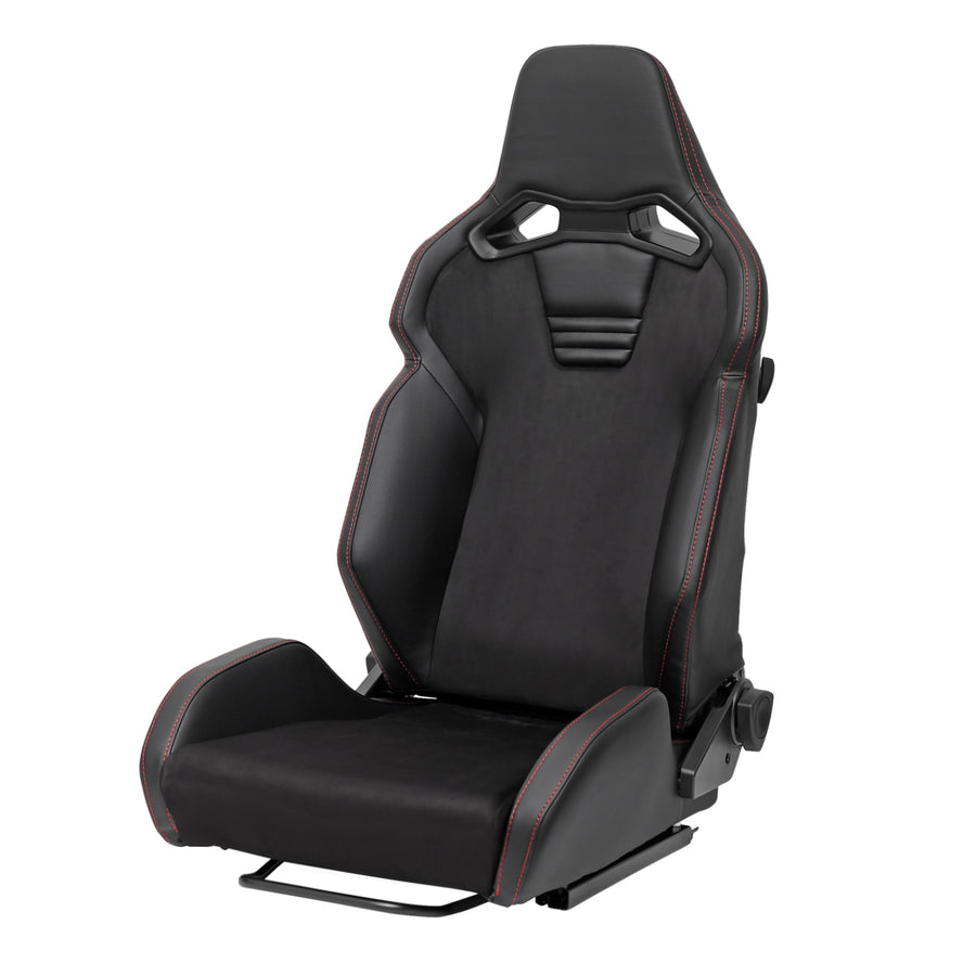 Universal Fully Adjustable Reclining Bucket Racing Seat - Hybrid Black PU Leather and Suede Upholstery (Includes Seat Sliders)