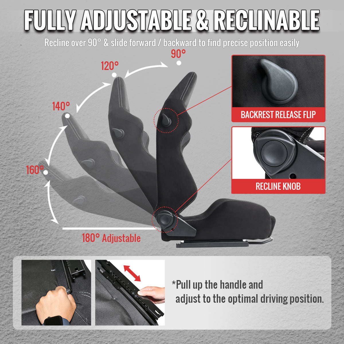 Universal Fully Adjustable Reclining Bucket Racing Seat - High-Performance Black Suede with Custom Silver Stitching and Enhanced Bolsters (Includes Seat Sliders)