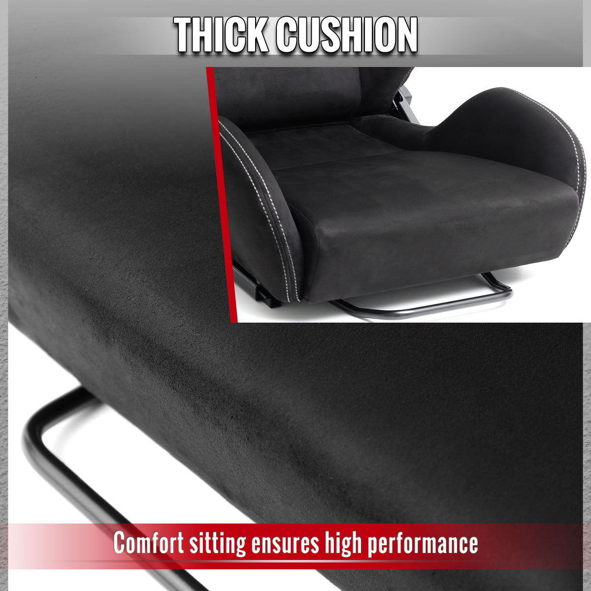 Universal Fully Adjustable Reclining Bucket Racing Seat - High-Performance Black Suede with Custom Silver Stitching and Enhanced Bolsters (Includes Seat Sliders)