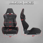 Universal Fully Adjustable Reclining Bucket Racing Seat - Premium Black Suede Finish with Sport Red Stitching Detail (Includes Seat Sliders)