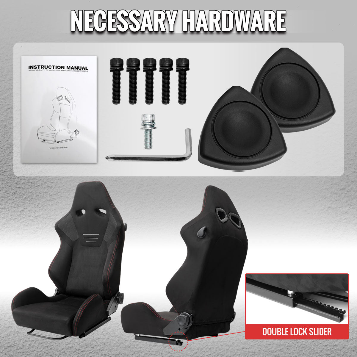 Universal Fully Adjustable Reclining Bucket Racing Seat - Premium Black Suede Finish with Sport Red Stitching Detail (Includes Seat Sliders)