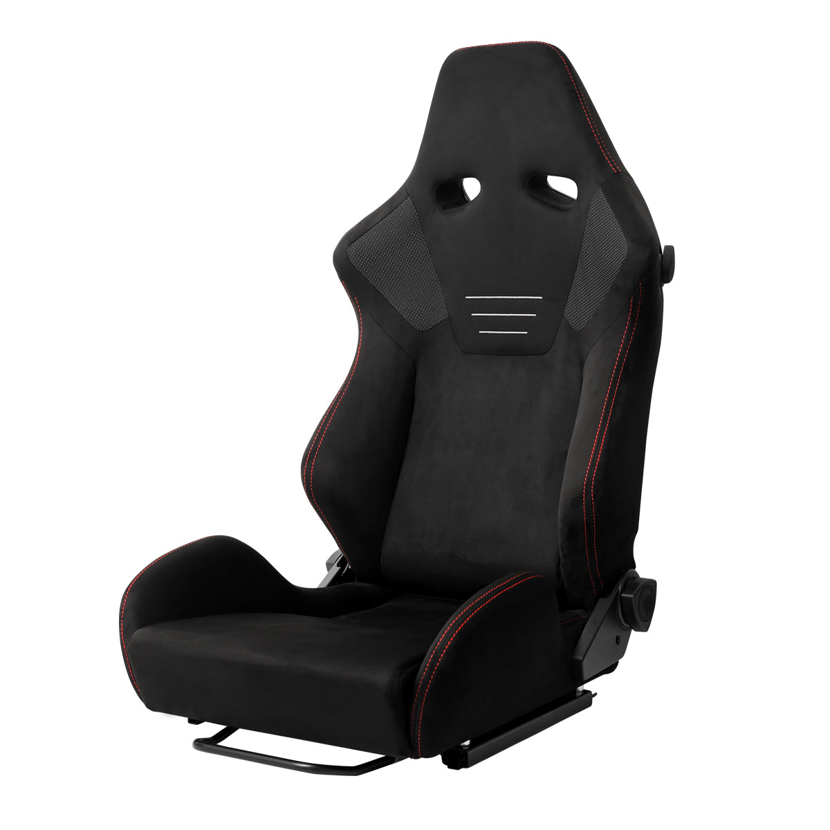 Universal Fully Adjustable Reclining Bucket Racing Seat - Premium Black Suede Finish with Sport Red Stitching Detail (Includes Seat Sliders)