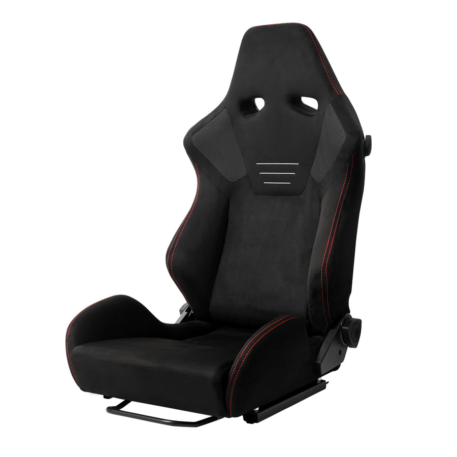 Universal Fully Adjustable Reclining Bucket Racing Seat - Premium Black Suede Finish with Sport Red Stitching Detail (Includes Seat Sliders)