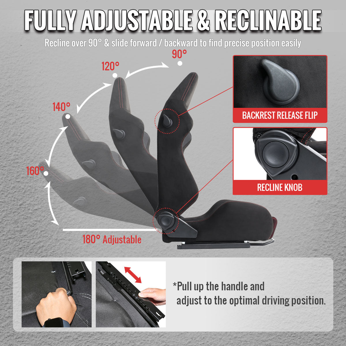 Universal Fully Adjustable Reclining Bucket Racing Seat - High-Performance Black Suede with Breathable Red Mesh Insert and Enhanced Bolsters (Includes Seat Sliders)
