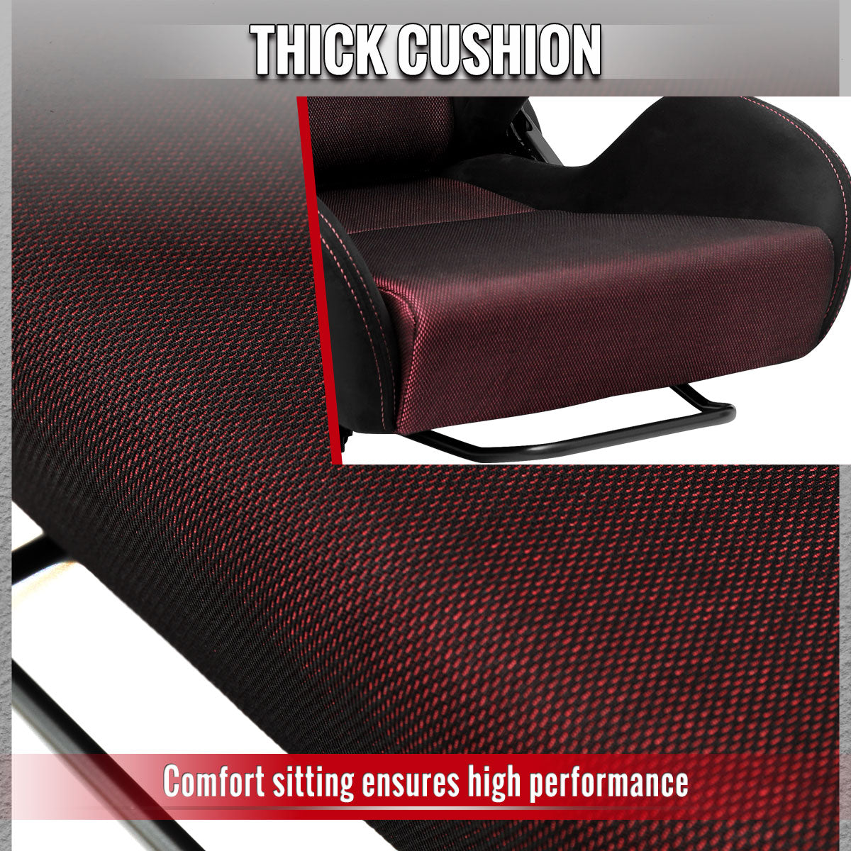 Universal Fully Adjustable Reclining Bucket Racing Seat - High-Performance Black Suede with Breathable Red Mesh Insert and Enhanced Bolsters (Includes Seat Sliders)