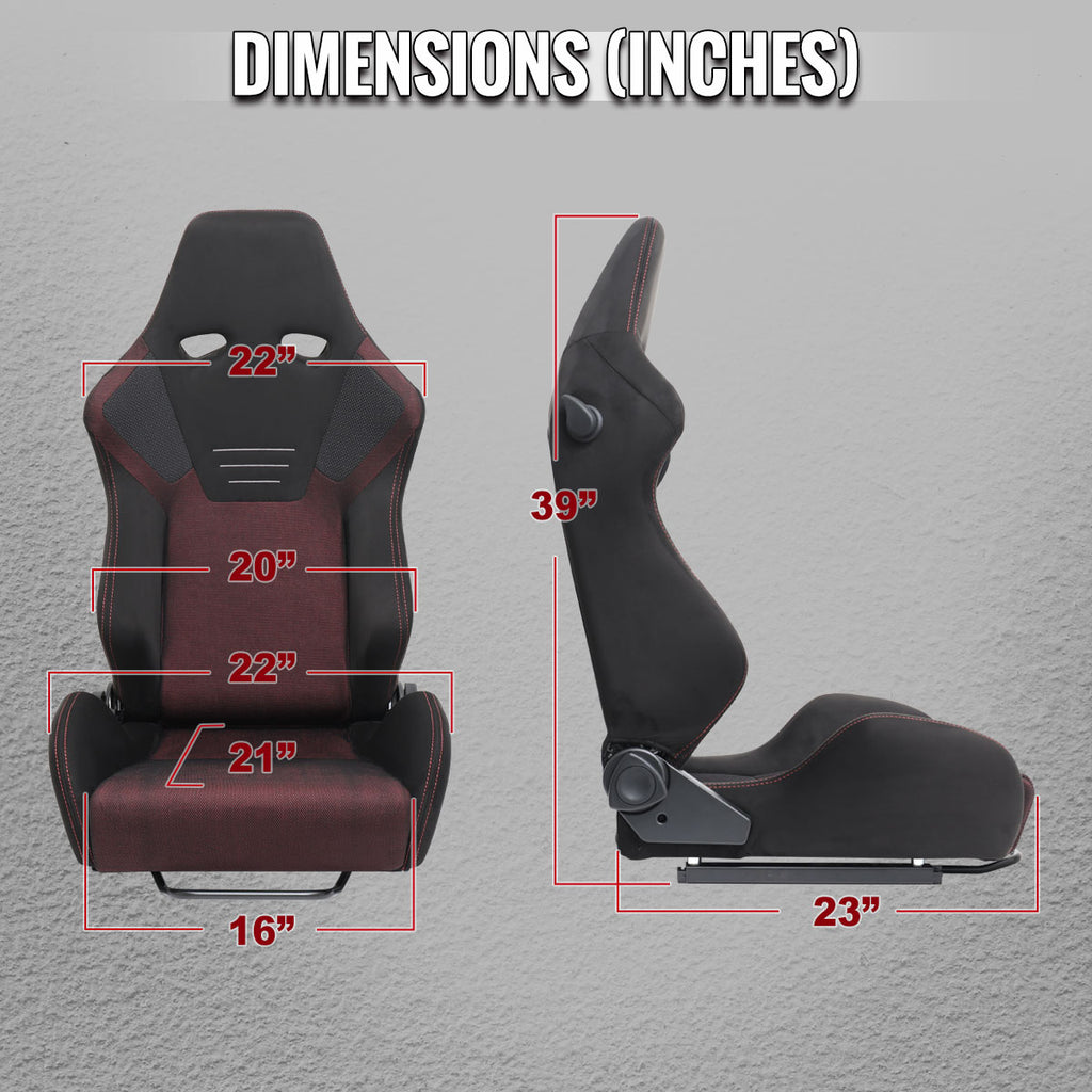 Universal Fully Adjustable Reclining Bucket Racing Seat - High-Performance Black Suede with Breathable Red Mesh Insert and Enhanced Bolsters (Includes Seat Sliders)