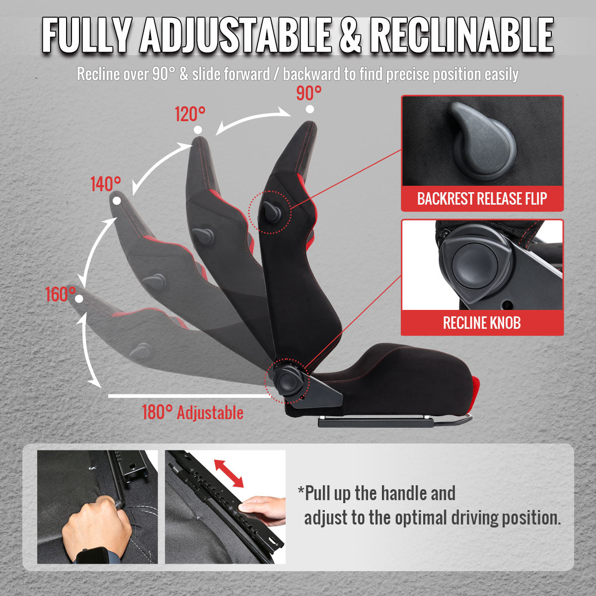 Universal Fully Adjustable Reclining Bucket Racing Seat - High-Performance Two-Tone Black & Red Suede with Enhanced Bolsters (Includes Seat Sliders)
