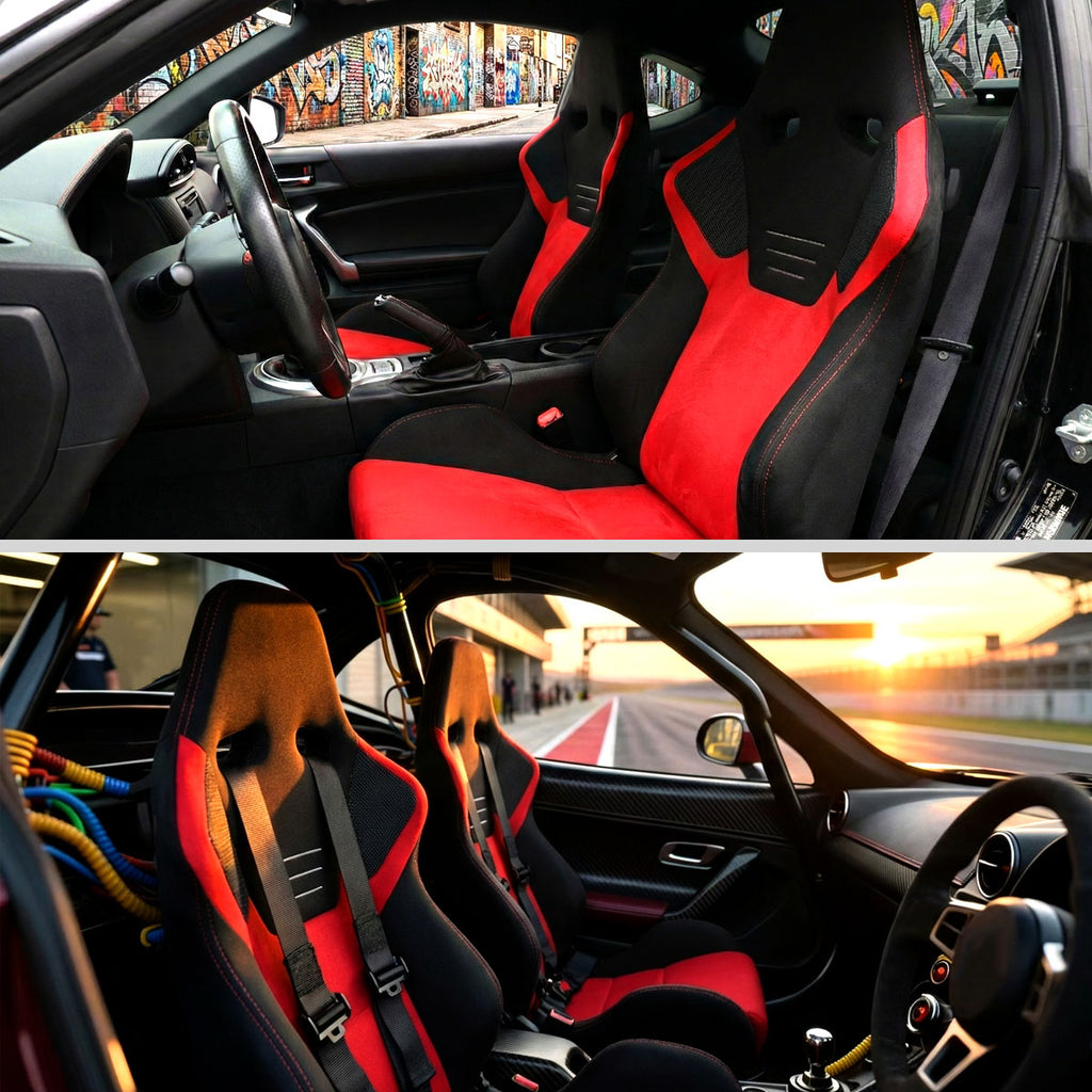 Universal Fully Adjustable Reclining Bucket Racing Seat - High-Performance Two-Tone Black & Red Suede with Enhanced Bolsters (Includes Seat Sliders)