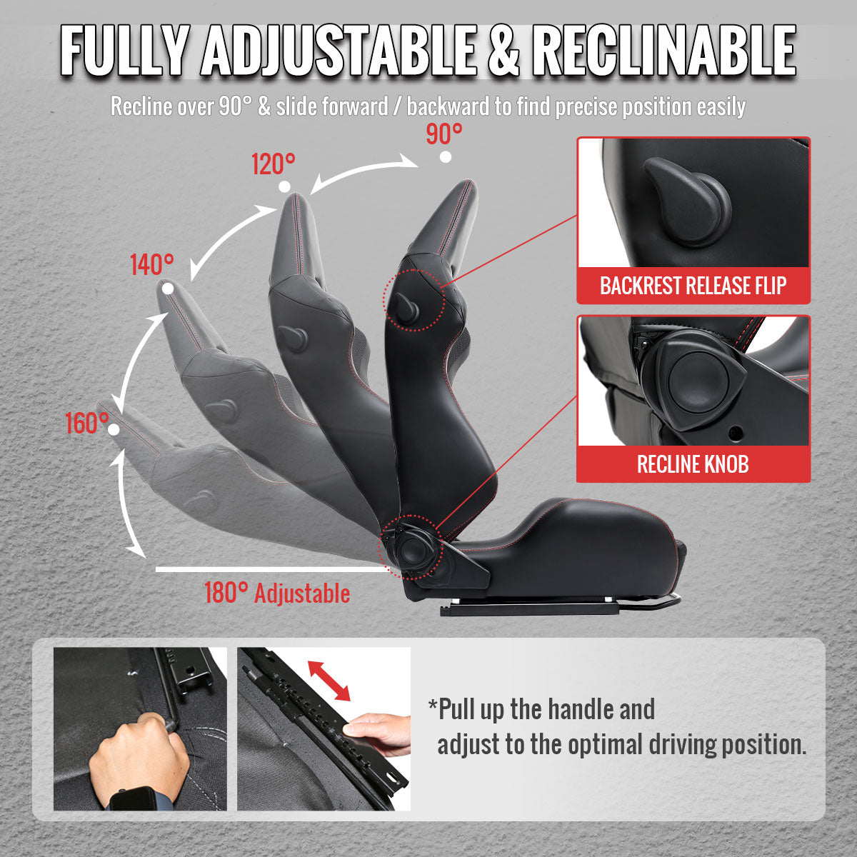 Universal Fully Adjustable Reclining Bucket Racing Seat - Durable Black PU Leather Upholstery (Includes Seat Sliders)