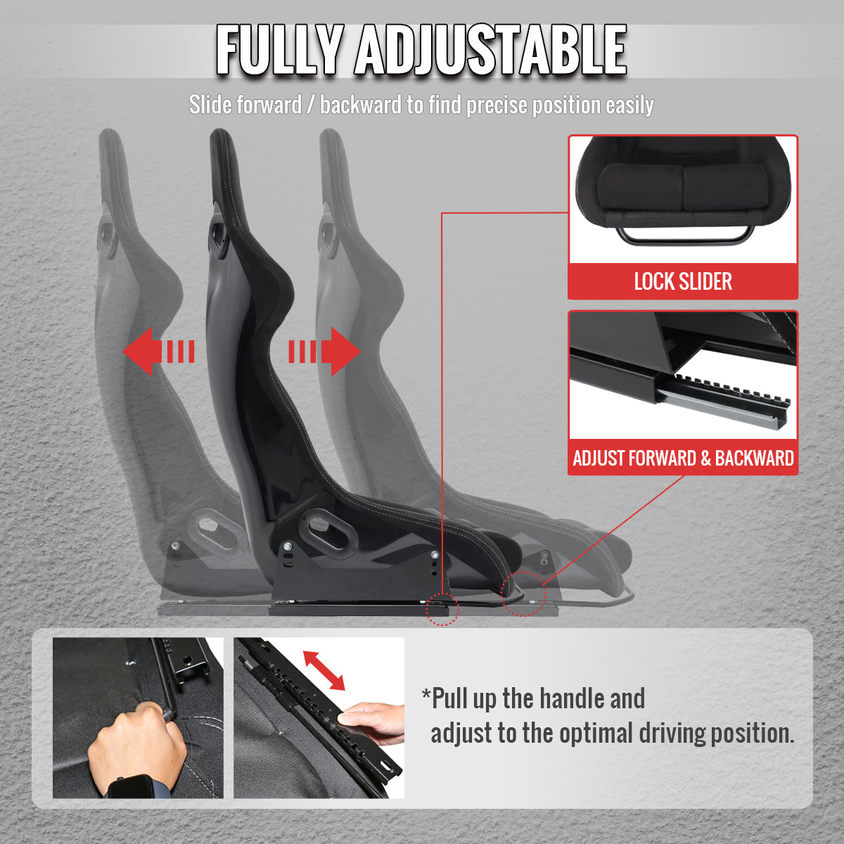Universal Competition Style Fixed-Back Bucket Racing Seat - Premium Black Suede with Red Stitching Detail (Includes Seat Sliders)