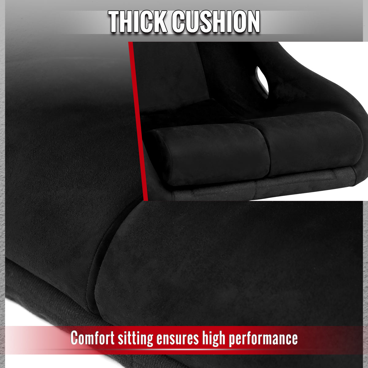 Universal Competition Style Fixed-Back Bucket Racing Seat - Premium Black Suede with Red Stitching Detail (Includes Seat Sliders)
