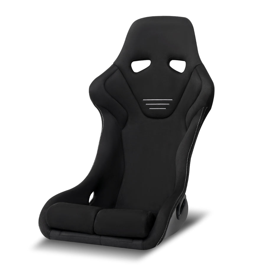 Universal Competition Style Fixed-Back Bucket Racing Seat - Premium Black Suede with Red Stitching Detail (Includes Seat Sliders)