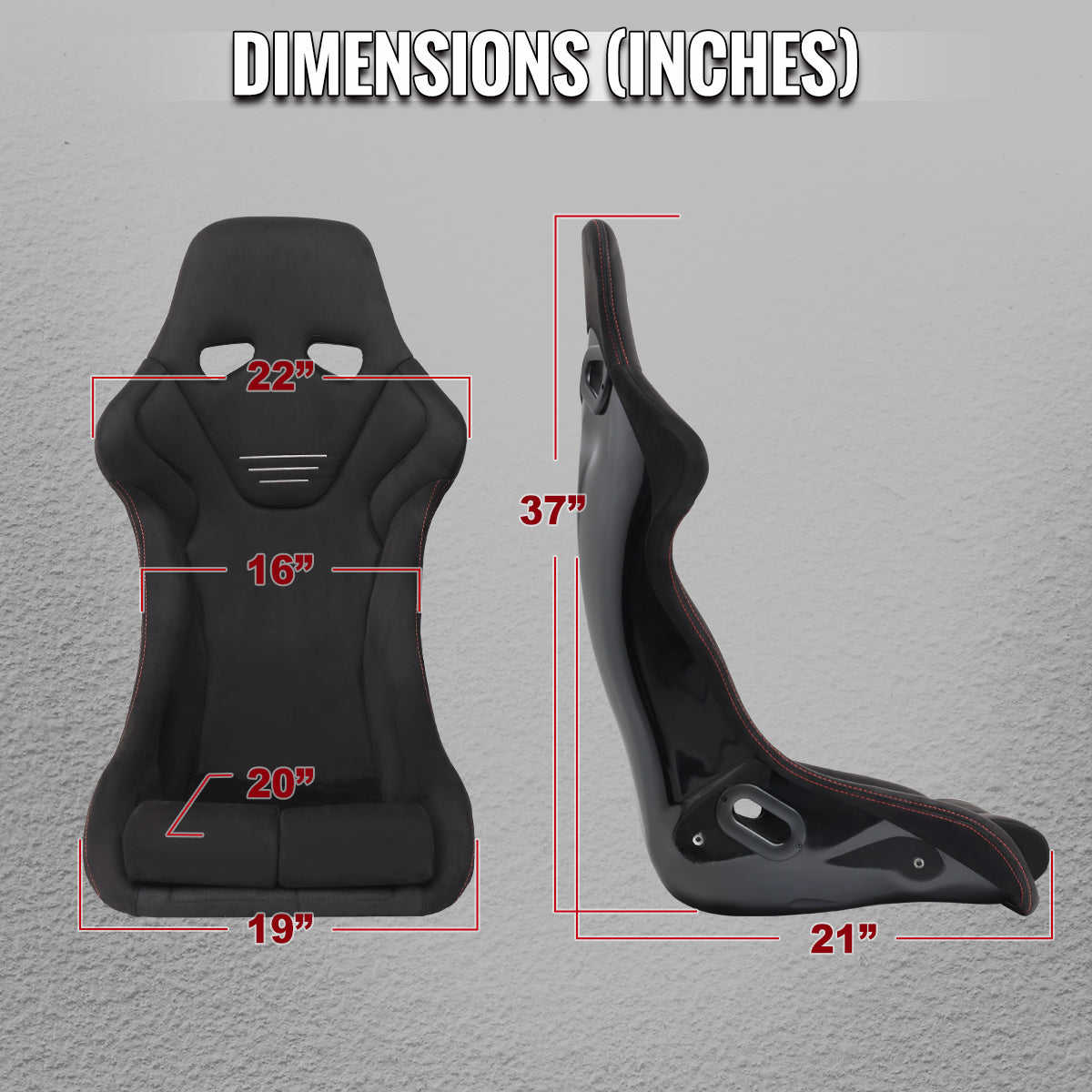 Universal Competition Style Fixed-Back Bucket Racing Seat - Premium Black Suede with Silver Stitching Detail (Includes Seat Sliders)